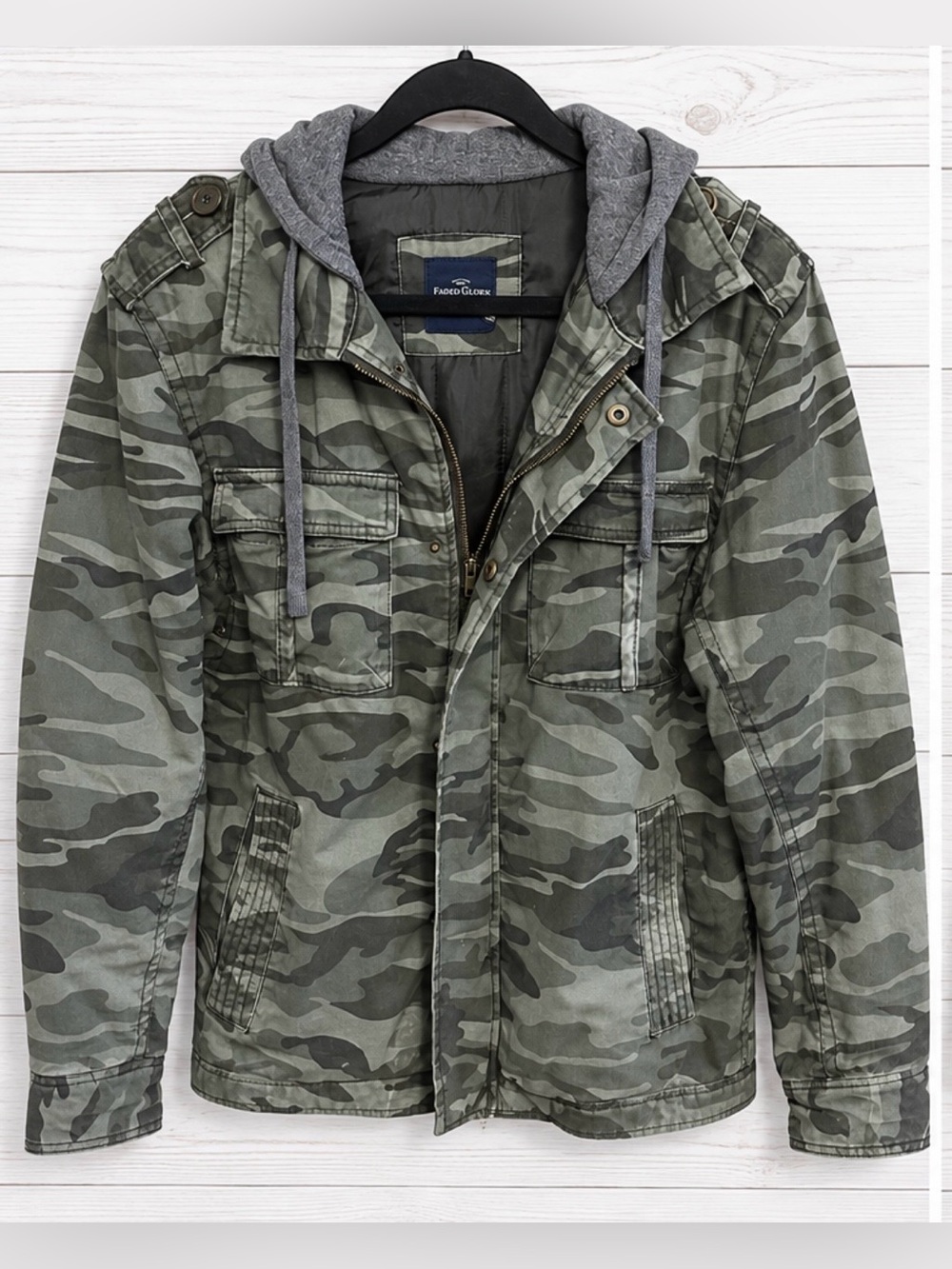Faded Glory Men's Olive Green Camo Field Jacket with Gray Hood